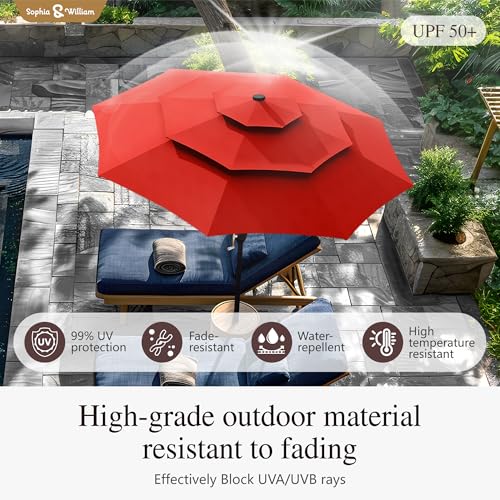 Sophia & William 10ft Patio Umbrellas 3-Tier Umbrella Outdoor Patio Umbrellas with Lights Vented Top 24 LED lights Adjustable Tilt for Pool Garden Backyard, Red - color: Red