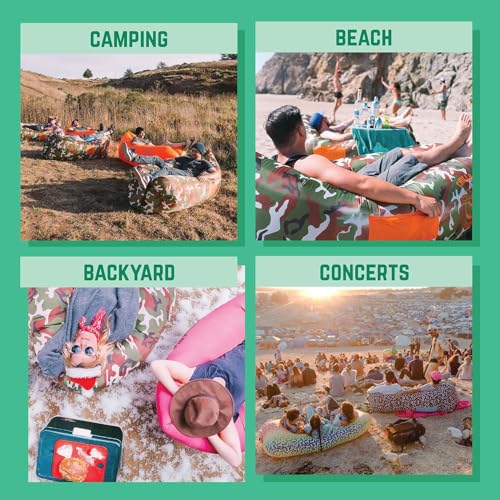 Chillbo Inflatable Couch – Unique Designs - No-Pump Setup, Ripstop Polyester, Stability Pegs, Fun Prints - Portable Air Inflatable Lounger for Beach, Camping, Festivals, and Tailgating - color: Camo Green, size: Large