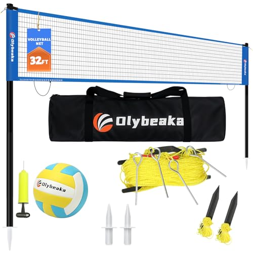 32ft Regulation Size Portable Outdoor Volleyball Net Set System for Backyard Beach with Height Adjustable Poles, PU Volleyball and Pump, Carry Bag, Boundary Line - Easy Set Up & Anti-Sagging - color: Blue