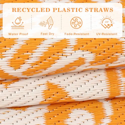 6ft Round Boho Floral Outdoor Rug, Reversible Waterproof UV-Resistant Modern Outdoor Carpet, Plastic Straw Woven Camping Mat for RV, Patio, Backyard, Deck & Porch, Orange - color: Orange, size: 6' (Round)