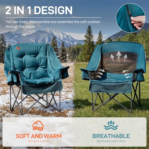 EVER ADVANCED 2 Set Camping Chair with Detachable Cushion, Mesh Chair for Adults Foldable, Oversized Heavy Duty Folding Chair with Cooler Mesh Pocket Cupholder Outdoor Fishing, Supports 400LBS Green - color: Green, size: 2 P