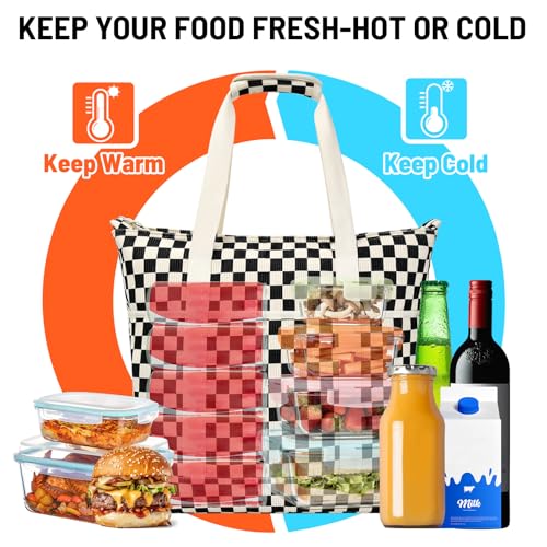 Corduroy Insulated Cooler Bag, Large Reusable Grocery Bags with Zippered Top, Collapsible Soft Sided Cooler Tote for Hot and Cold Food, for Beach, Travel, Picnic and Camping