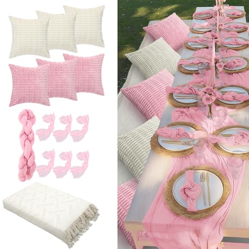 Beeveer 91 x 71 Extra Large Outdoor Boho Picnic Blanket with Pink Table Runner, 6 Throw Pillow Covers 6 Napkins Woven Cotton Yarn Oversize Beach Blanket Washable Picnic Camp Wedding - color: Pink