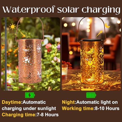 DIBIEECN Mothers Day Gifts for Mom, Birthday Gifts Grandma Ladies Solar Lanterns Outdoor Hanging Hollowed-Out Metal Waterproof LED Garden Decor Outside for Patio Yard Porch, Sun and Moon, 1 Pack - style: Star Moon