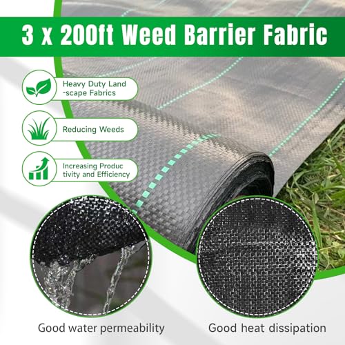 Weed Barrier Fabric Planting Cover - 3 x 200 FT Heavy Duty Landscape Fabric Ground Cover Block for Outdoor Planting - size: 3 X 200 Ft