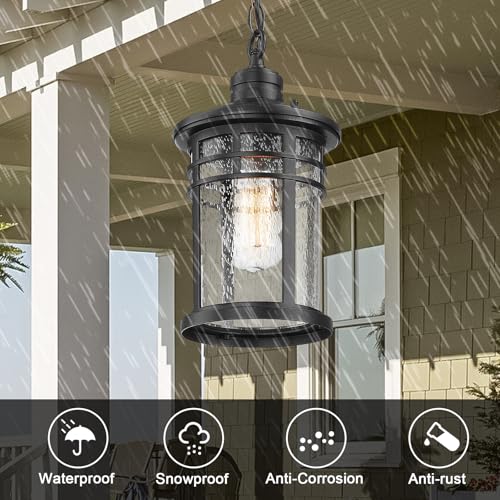 Darkaway Outdoor Pendant Lights for Porch, Outdoor Chandelier Hanging Porch Lights Ceiling Mount Aluminum with Seeded Glass for Front Porch Gazebo Patio (Medium, Black) - color: Black, size: Medium Size