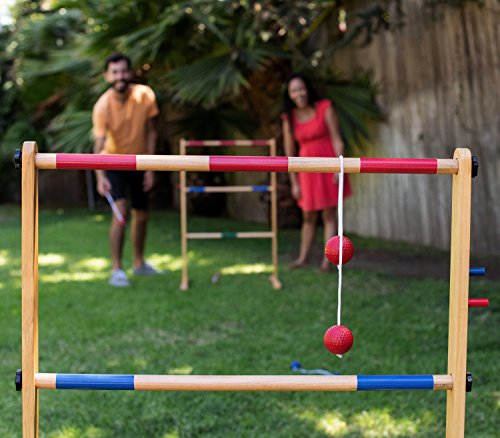 Ladder Toss Double Wooden Ladder Ball Game with Finished Wood Frame and Real Golf Ball Bolas and Durable Nylon Carrying Case