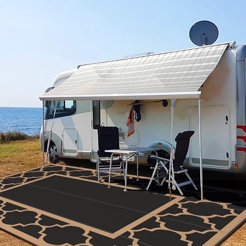 GENIMO 10 ' x 14 ' Outdoor Rug Waterproof for Patio Decor, Foldable Reversible Plastic Straw Area Rugs Mat for Camper, Outside Carpet for Rv, Deck, Porch, Picnic, Beach, Balcony, Black & Brown - color: Black&brown, size: 10' x 14' (Rectangular)