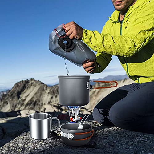 Odoland 8pcs Camping Cookware Mess Kit, Camping Pot and Pan Set with Mini Backpacking Stove, Stainless Steel Cup, Spork and Tank Bracket, Cooking Gear for Outdoor, Hiking, Picnic, Campfire - color: Red