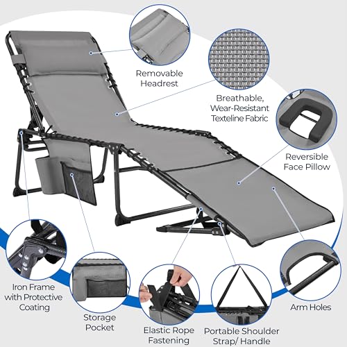 Yaheetech 22.4" Tanning Chair with Face Hole, Adjustable 5-Position Folding Chaise Lounge Chairs, Outdoor Lounge Chairs for Lawn, Beach, Sunbathing, Gray - color: Grey, size: 22.4"