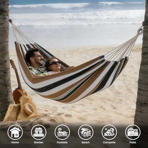 Lazy Daze Hammocks Double Brazilian Cotton Hammock, Extra Large Portable Outdoor Camping Hammock with Tree Straps & Travel Bag for Backyard Patio Poolside Indoor, 550lbs Capacity, Brown & White - color: Brown & White