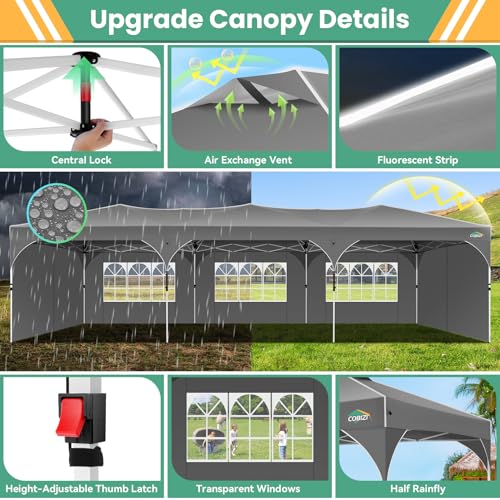 COBIZI 10x30 Pop Up Canopy Tent, Outdoor Party Tent with 5 Sidewalls, 1 Person Easy Set up, Tents for Parties with Fluorescent Strip & 4 Sandbags, Waterproof UPF50+, 3 Adjustable Height, Gray - color: Gray, size: 10x30FT