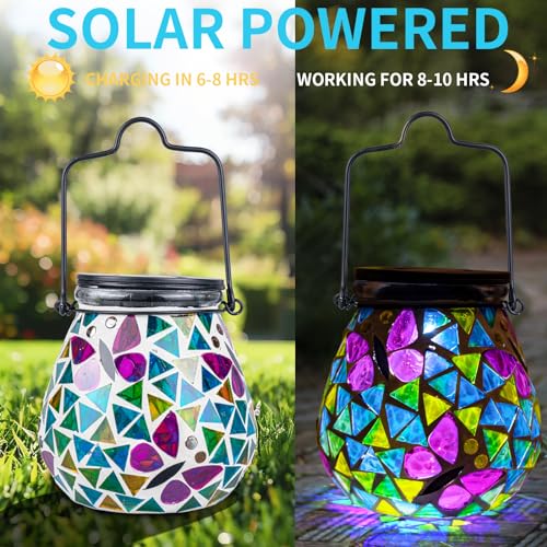 Afirst Mosaic Solar Lanterns - Glass Hanging Lights Butterfly Hollow Out Waterproof Outdoor Decorative for Garden, Patio, Holiday Party Outdoor Decoration, 1 Pack - style: Butterfly