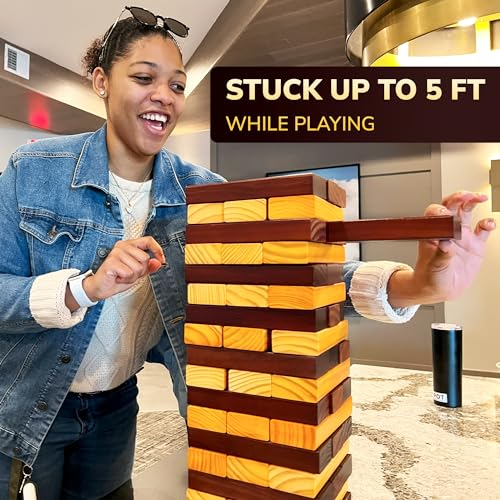 QUOKKA Premier Jumbo Tumble Tower Game - Block Stacking Game for Family - 2.8 Ft | 54 Blocks with Fun Challenges | Water Weather Resistant - Big Wooden Game for Yard