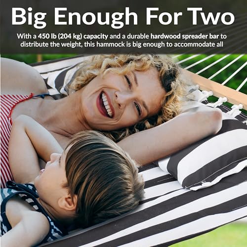 Sunnydaze Quilted Double Hammock for Outside with Spreader Bars and Pillow - 450 lb Capacity, 74x55 Inch Bed, UV Resistant, Quick Dry - Chains Included, Stand Sold Separately - Black & White - color: Black & White