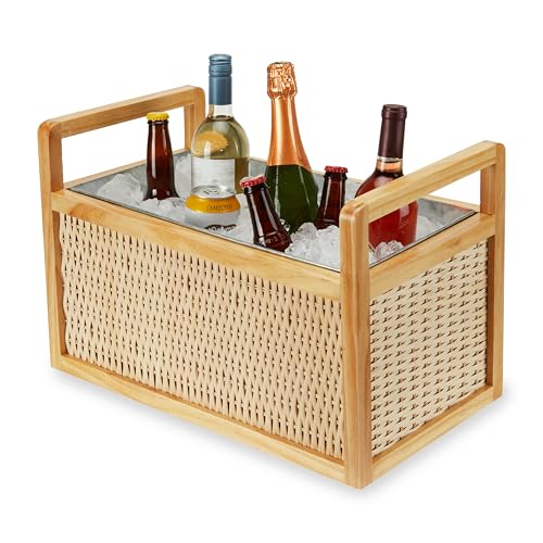 Twine Rattan and Wood Bottle Cooler Basket, Beverage Tubs for Parties, Beverage Chiller Ice Bucket for Drinks with Handles, Holds 8 Wine Bottles or 6.5 Gallons Set of 1 - style: Rattan & Wood