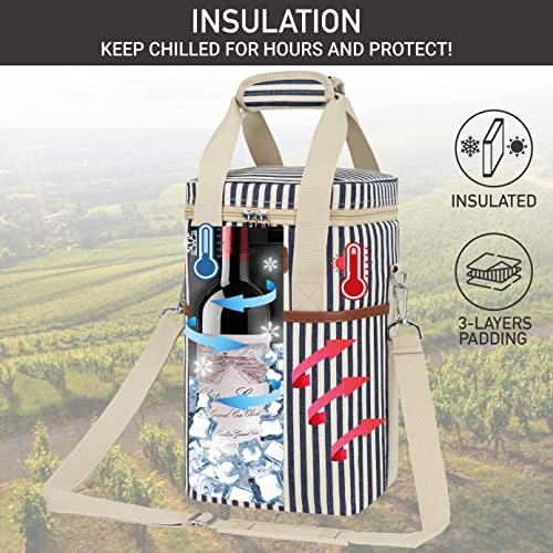 Opux 4 Bottle Insulated Wine Cooler Bag - Portable, Leakproof Padded Carrier for Travel, Picnic, BYOB - Navy White Stripe - color: Stripe Navy, size: 4 Bottle