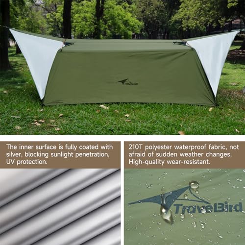14ft Hammock Rain Fly Lightweight Waterproof Camping Tent Tarp with Doors and Dual Support Poles, Bushcraft Tarp Shelter for Backpacking Hiking Camping - color: Army-2
