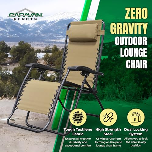 Caravan Sports Zero Gravity Outdoor Portable Folding Camping Lawn Deck Patio Pool Recliner Lounge Chair for Adults, Adjustable Headrest, Beige - color: Beige