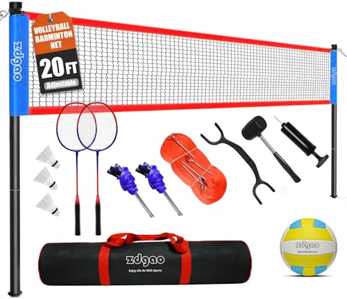 Zdgao Volleyball and Badminton Combo Set for Backyard - 20FT/32FT Volleyball/Badminton Net with Adjustable Height Pole,Anti-Sag System,Volley Ball, Badminton Racquets,Boundary Line and Carry Bag - color: Red & Blue, style: 20FT Volleyball/Badminton Net