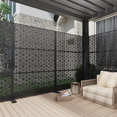 Casaphoria 72" H x 47" W Metal Outdoor Privacy Screen, Freestanding Decorative Divider for Patio, Deck, Balcony, and Garden with Stable Base, Black Gene - color: Black Gene
