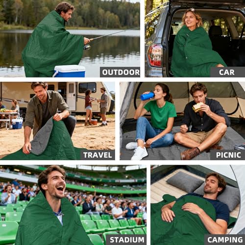 Large Outdoor Waterproof Blanket Extra Thick Fleece Stadium Blanket for Camping, Car, Pet, Picnics - Windproof, Wearable, Machine Washable 80" x 58" (Green) - color: Green