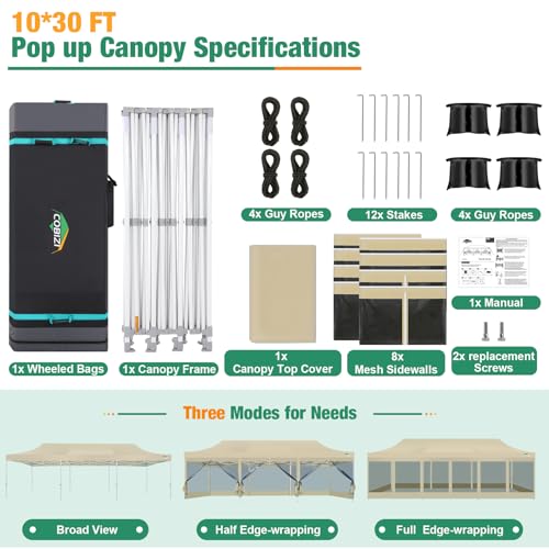 COBIZI 10x30 Canopy Tent, Heavy Duty Pop up Canopy with Sidewalls, Waterproof Easy Setup Tent with Mosquito Netting, Outdoor Instant Screen Tents for Parties, Wedding with Roller Bag, Khaki - color: Khaki, size: 10x30FT