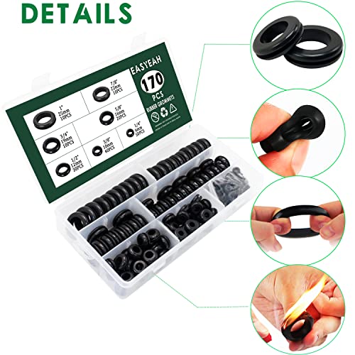 EASYEAH 170 Pcs Rubber Grommet Assortment Kit for Wiring Assorted 7 Sizes 1/4 3/8 1/2 5/8 3/4 7/8 1 Inch Round Hole, O Ring Eyelet Cable Hole Plug Set, Firewall Automotive Electrical Wire Gasket - style: 7 Sizes-170 pcs, Hole