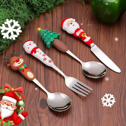 Christmas Utensil Set | Reusable Portable Cutlery Set | Stainless Steel Knife Fork Spoons Gift Box | Includes Themed Utensils (Tree/Santa/Deer/Snowman) | Ideal Christmas Gift - color: Christmas Design-Sliver