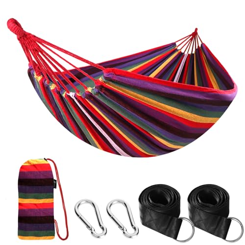 ANYOO Cotton Hammock Portable Camping Hammocks for Hanging Sturdy Garden Comfortable Fabric Hammock with Tree Straps Up to 660lbs with Travel Bag for Camping Outdoor/Indoor Patio Backyard - color: Rainbow