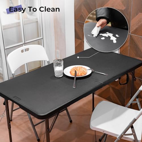 Byliable Folding Table 4 Foot Portable Heavy Duty Plastic Fold-in-Half Utility Table Small Indoor Outdoor Adjustable Height Folding with Carrying Handle, Camping and Party, Black - color: Black, size: 4FT