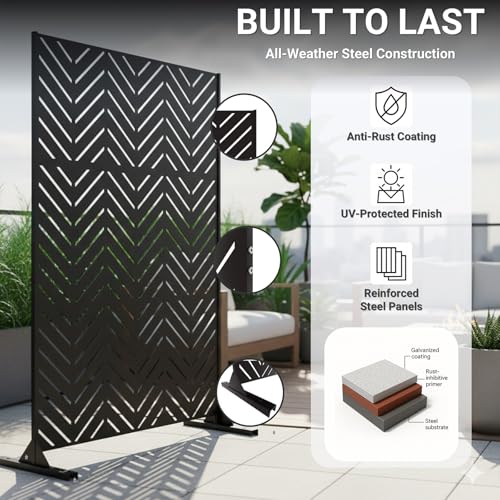 Metal Privacy Screen Outdoor – 6FT Freestanding Decorative Steel Panel with Stand, Laser-Cut Chevron Pattern Modern Privacy Divider, Rustproof & Weather-Resistant Screen for Patio, Garden & Backyard - color: Black & Chevron Pattern