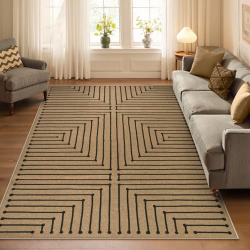 Lahome Neutral Geometric 5x7 Washable Rugs for Living Room Office, Black and Nature Outdoor Patio Rug Farmhouse Rhombus Non Slip Non Shedding Carpet for Classroom Balcony Dining Room - color: Nature/Brown and Black, size: 5x7