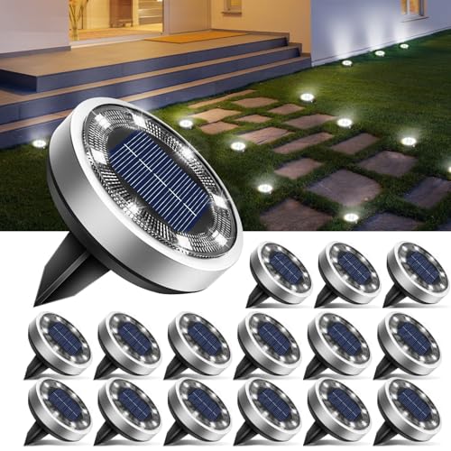 btfarm 16 Pack Solar Lights Outdoor, 8 LED Solar Ground Lights IP65 Waterproof Flat Solar Disc Light, Pathway Lights for Garden Lawn Patio Yard Path Landscape, Cool White - color: Cool White, size: 16 Pack