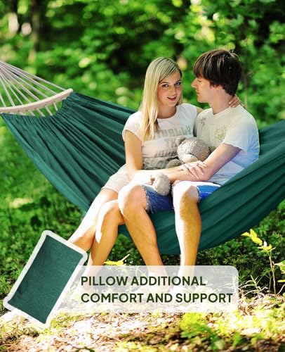 Chihee Hammock for Stand 9.8ft x 4.9ft Soft Cotton Hammock Holds Up to 660lbs Portable Tree Hammocks with Detachable Spreader Bar Pillow 2 Strong Webbings 2 Carabiners Patio Garden Indoor Outdoor - color: Dark Green, size: 300x150cm