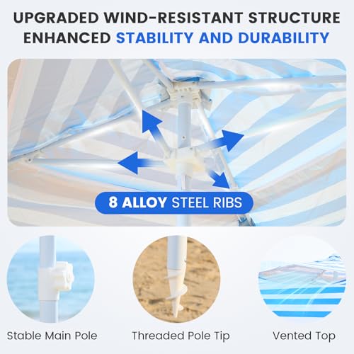 Zeraty Beach Cabana 8'×8', Portable Beach Canopy with Side Wall, UPF 50+ Silver-Coated Beach Tent Sun Shelter, Wind Resistant Adjustable Altitude Beach Umbrella Tent for Family, Sky Blue - color: Sky Blue