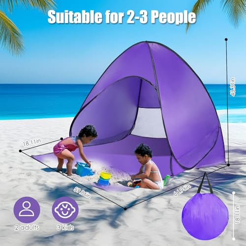 Pop Up Beach Tent, Sun Shelter for 2-3 Person, Sun Shelter with UPF 50+ & Lightweight, Portable Beach Tent Easy Pop Up for Outdoor Camping Fishing - style: Purple