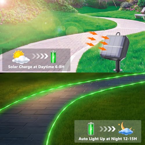 Solar Rope Lights, 2 Packs Total 66ft 200LEDSolar String Lights, 8 Modes Waterproof Solar Powered Outdoor Light, Flexible Clear Tube Light for Garden Backyard Patio Deck Porch Tree Xmas Decor - Green - color: Green, size: 2*33ft