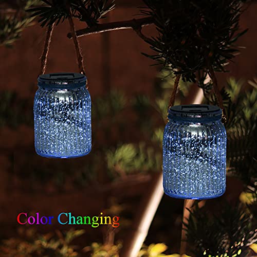 Hanging Solar Lantern Lights Outdoor 2 Pack,20 LED Solar Mercury Glass Mason Jar Hanging Lights Waterproof for Tree, Table, Yard, Garden, Patio, Holiday Party Outdoor Decor, Color Changing - style: Multi-colored