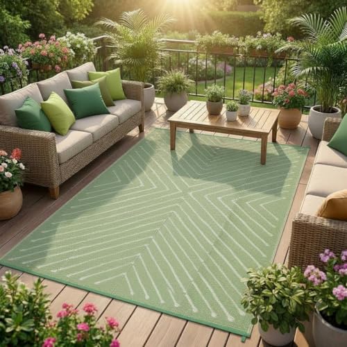 Garvee 5x8 Striped Outdoor Waterproof Rug - Reversible Modern Striped Plastic Straw Patio Mat, Portable RV Camping Rug for Picnic, Beach, Balcony, Deck - UV Protected & Easy to Clean, Green&White. - color: Greenwhite, size: 5' x 8' (Rectangular)