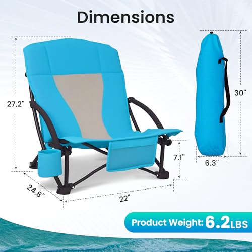 Portable Folding Beach Chair with Cooler Bag for Adults - Lightweight Low Back Sling Chair with Cup Holder & Storage Pocket (Blue w/Cooler, 4 pcs) - color: Blue W/ Cooler, size: 4 pcs
