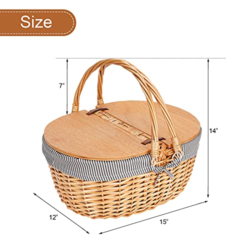 Wicker Picnic Basket with Liner, Wooden Split Lid Picnic Basket, Vintage-Style Picnic Hamper with Folding Woven Handle for Picnic, Camping, Outdoor, Valentine Day, Thanks Giving, Birthday (Grey) - color: Grey Stripe W/Liner
