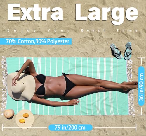 Widdonen Thin Turkish Beach Towel Lightweight Quick Dry Absorbent Cotton Bathroom Bath Pool Swim Towels Extra Large Oversized Sand Free Beach Accessories Essentials Cloud Gifts for Adult - color: 2 Pack Aqua Blue, size: X-large(79 X 36 Inches,200 X 90 Cm)