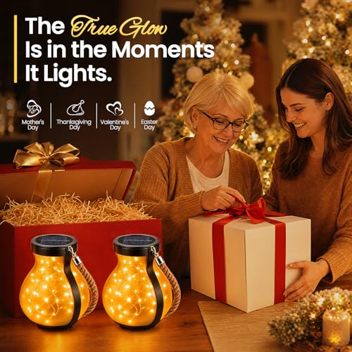 2 Pack Solar Lights Outdoor Waterproof, Round Solar Garden Lights with Hemp Rope Handle, Warm White Starburst Effect LED String Lights for Patio Lawn Decor, Gardening Gifts for Mom Women