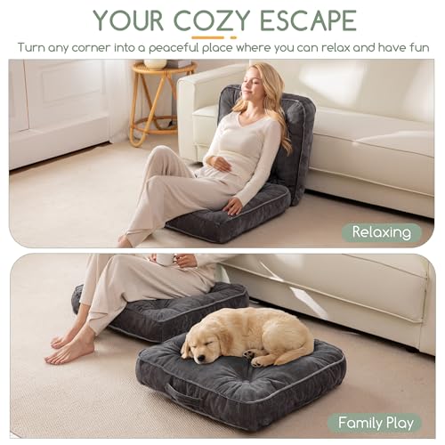 HIGOGOGO Large Floor Pillow Cushion for Adults, Meditation Cushion Pillow with Handle, Lustrous Chenille Tufted, Square Floor Sitting for Tatami Living Room or Yoga, 22x22 Inch, Dark Grey - color: Square Dark Grey, size: 4" Thick(pack of 1)