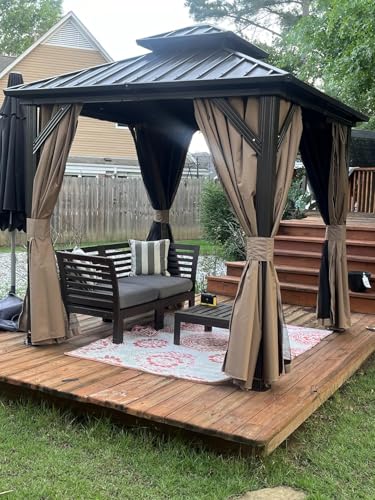 Domi 8' x 8' Hardtop Gazebo Permanent Metal Gazebo with Galvanized Steel Double Roof, Curtains and Netting for Party, Wedding, Outdoor Dining, Patio, Backyard, Brown - color: Brown, size: 8'×8' Double Roof