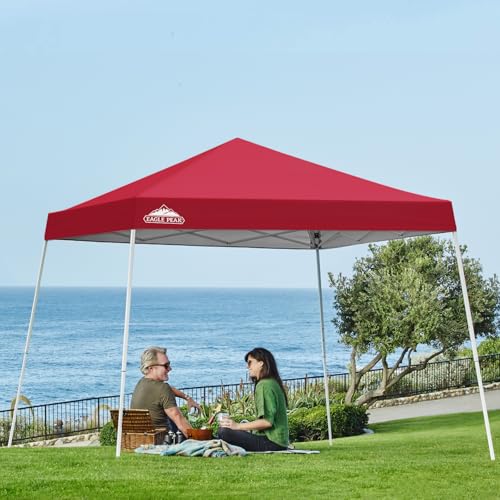 EAGLE PEAK 10x10 Slant Leg Pop-up Canopy Tent Easy One Person Setup Instant Outdoor Beach Canopy Folding Portable Sports Shelter 10x10 Base 8x8 Top (Red) - color: Red, size: 10x10