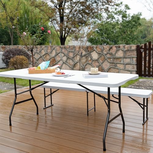pollilar 6FT Folding Table Plastic 6 Foot Foldable Table HDPE Portable Banquet Surface Fold-in-Half Desk Utility for Working Meeting,Parties, Picnic, Camping, Weddings, Catering, Garden Dining-White - color: White