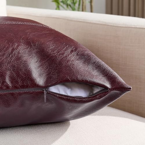Fancy Homi 2 Packs Burgundy Faux Leather Decorative Throw Pillow Covers 16x16 Inch for Living Room Couch Bed, Modern Farmhouse Home Decor, Wine Red Hand Stitched Accent Square Cushion Case 40x40 cm - color: Burgundy, size: 16" x 16" (Pack of 2)
