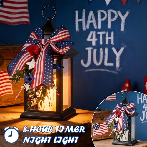 JOIONE Lanterns Decorative Indoor for 4th of July, 2 Pack 14" 250th Anniversary Patriotic Red White Blue Hanging Lantern with Timer, Battery Operated Waterproof Independence Day Outdoor Porch Decor - style: Patriotic Decorative Lantern